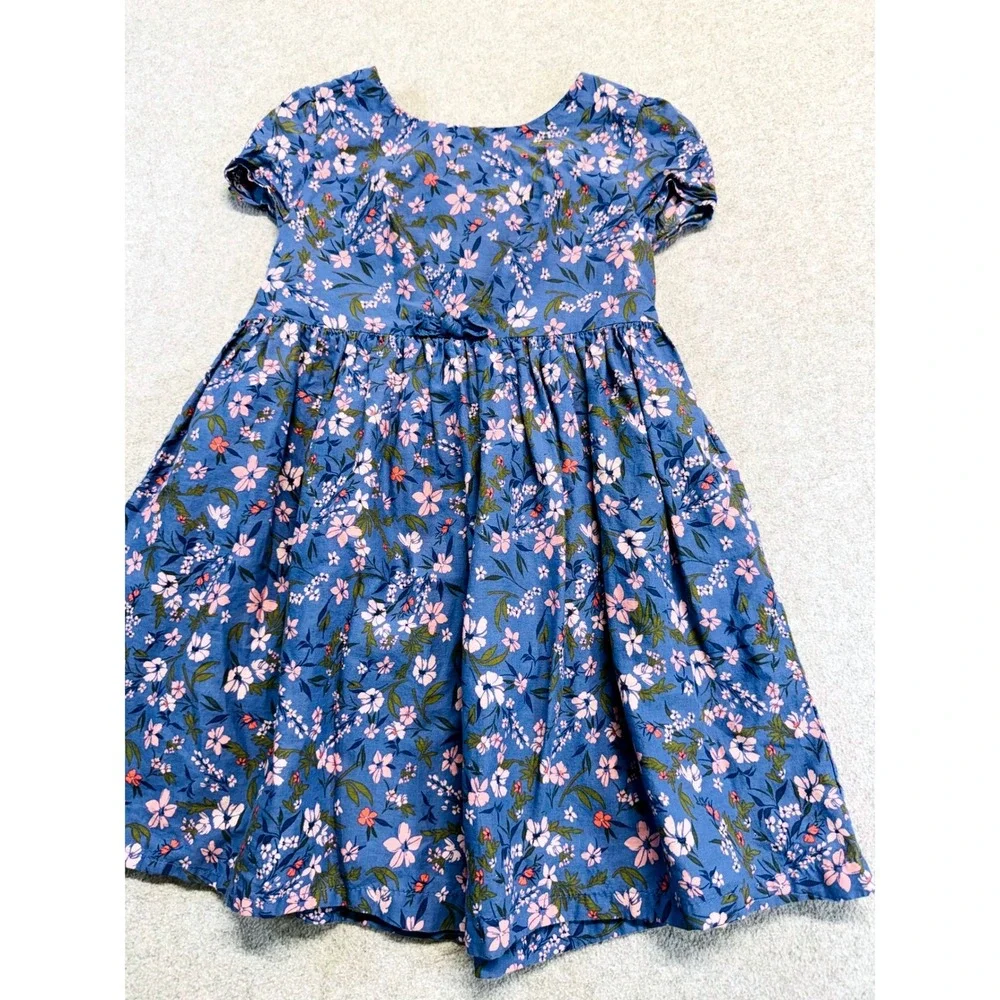 OshKosh‎ Bgosh Floral Dress Kids 4T Blue Short Sleeve Cotton Bow Back A-Line
